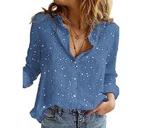Women Cotton Linen Shirt Long Sleeve Spot Dot Graphic Pattern Print Graphic Button-Down Collared Top Plus Size Basic Loose Casual Blouse G Spot Blue 14