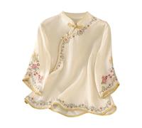 Women Cotton Linen Shirts Elegant Vintage Ethnic Style Embroidered 3/4 Sleeve Blouse with Fold Button Petite Ladies Traditional Chinese Clothing Oriental Going Out Tops Streetwear