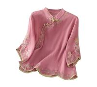 Women Cotton Linen Shirts Elegant Vintage Ethnic Style Embroidered 3/4 Sleeve Blouse with Fold Button Petite Ladies Traditional Chinese Clothing Oriental Going Out Tops Streetwear