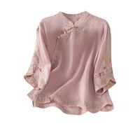 Women Cotton Linen Shirts Elegant Vintage Ethnic Style Embroidered 3/4 Sleeve Blouse with Fold Button Petite Ladies Traditional Chinese Clothing Oriental Going Out Tops Streetwear