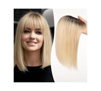 Women cover their bald wigs 12 Inch Human Hair Topper with Bangs, 10×12CM Lace Base Toppers Hairpieces Straight Clip in Human Hair Toppers for Women with Thinni,Ombre Light Blonde-12inches