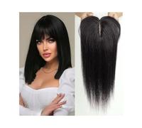 Women cover their bald wigs Hair Topper with Bangs 3 Clip in Human Hair Toppers Natural Black Seamless Hairpiece 14" Silk Base Remy Hair Topper for Thicking Hai,14inches