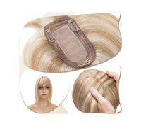 Women cover their bald wigs Hair Toppers for Women 6"-18" Real Human Hair with Bangs, 7x12.5cm Silk Base Clip In Hair Extension 150% Densiny Indian Hair Straigh,Golden Brown+bleach Blond-18 inch