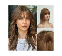 Women cover their bald wigs Straight Human Hair Topper with Bangs, 14" Light Brown 4×5.5 Inch Silk Base Remy Hair Topper Clip in Hair Pieces Straight Hair for T,14inches