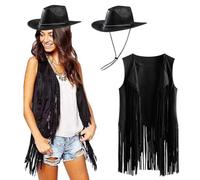 Women Cowgirl Costume Outfit Cowboy Hat Set Women's Tassel Vest 70s Fancy Dress Women Disco Top Hippie Clothes Costume Faux Suede Fringe Jacket Cardigan Sleeveless Jacket 60s Fancy Dress for Men Adult