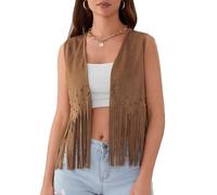 Women Cowgirl Tassel Waistcoat Suede Rivets Sleeveless Jacket 70s Western Hippie Country Concert Vest (C-a-Camel, XXL)