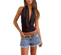 Women Cowl Neck Satin Silk Tank Sexy Deep V-Neck Plunge Halter Top Draped Front Sleeveless Camis Y2k Streetwear A Black