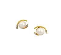 Women Crescent Pearl Stud Earrings with Tiny Rhinestone, 925 Silver Post Gold Plated Brass Minimalist Geometric Jewelry Gift