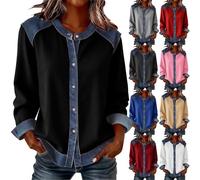 Women Crew Neck Button Up Cardigan Women'S Denim Patchwork Sweatshirt Retro Colour Block Shirts Classic Spring Long Sleeve Comfy Work Tops Business Commute Blouse Fashion Outdoor Tops