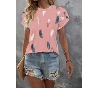Women Crew Neck Short Sleeve Loose Feather Print Tee Stretch Casual for Daily Shopping Brunch Summer Travel