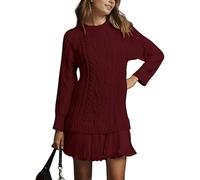 Women Crewneck Cable Knit Sweater Mini Dress, 2025 New Casual Long Sleeve Pleated Mini Dress Chiffon Patchwork (Red,L)