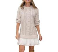 Women Crewneck Cable Knit Sweater Mini Dress, 2025 New Long Sleeve Patchwork Dress with Pleated Skirt (UK, Alpha, L, Regular, Regular, White)