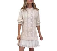 Women Crewneck Cable Knit Sweater Mini Dress, Cableknit Sweater Dress with Pleated Skirt, Twofer Style Patchwork Dresses (Apricot,XXL)