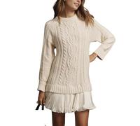 Women Crewneck Cable Knit Sweater Mini Dress,Crewneck Long Sleeve Pleated Mini Dress,Casual Patchwork Style(Beige,XL)