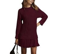 Women Crewneck Cable Knit Sweater Mini Dress Twofer Patchwork Pleated Style Dress Casual Long Sleeve Fall Pullovers Dresses (Burgundy,XXL)