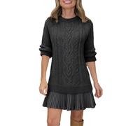 Women Crewneck Cable Knit Sweater Mini Dress, Women's Cable Knit Sweater Dress, Long Sleeve Patchwork Pleated Fall Winter Casual Pullover (Black,L)
