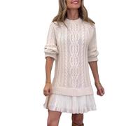 Women Crewneck Cable Knit Sweater Mini Dress, Women's Cable Knit Sweater Dress, Long Sleeve Patchwork Pleated Fall Winter Casual Pullover (Beige,S)