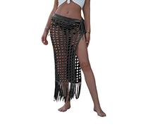 Women Crochet Beach Cover Up Sarong Wrap with Shells Fishnet Bikini Cover Up Shell Beach Scarf Mesh Swimwear Scarves (Black)