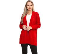 Women Crochet Cable Knitted Oversized Long Sleeve Cardigan, Ladies Soft & Warm Casual Open Front 2 Pockets Baggy Long Knitwear Jumper Cape Top Sweater Loose Coat UK Size 8-26, Red-12-14