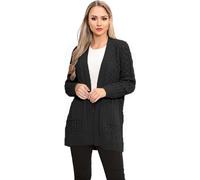Women Crochet Cable Knitted Oversized Long Sleeve Cardigan, Ladies Soft & Warm Casual Open Front 2 Pockets Baggy Long Knitwear Jumper Cape Top Sweater Loose Coat UK Size 8-26, Marl. Black-8-10
