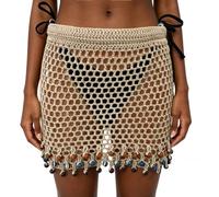Women Crochet Knit Coverup Mini Skirt Hollow Out Beaded Hem Bikini Skirt (Khaki, S)