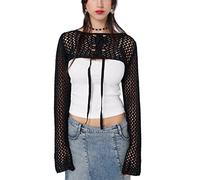 Women Crochet Knit Hollow Out Crop Top Long Flared Sleeve Knit Bolero Shrug Sweater Y2k Pullover Tops … (1-Black, S)