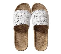 Women Crochet Slippers Wide Fit Flat Sandals Slip On Indoor Non-Slip Linen Slides Backless Open-Toe Breathable House Sliders Bamboo Beach Casual Comfy Bedroom Shoes (White, 6)