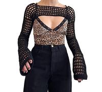 Women Crochet Super Crop Tops Y2k Long Sleeve Patchwork Shrug Sweater Short Knitwear Coverup Tee Streetwear, B-black, Large