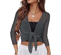 Women Crop Cardigan Sheer Mesh Bolero Shrug for Dress Tie Front 3/4 Sleeve Tops, Steel Grey, S