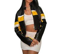 Women Crop Short Faux PU Leather Baseball Jacket Striped Zipper Cardigan Varsity College Bomber Jacket Racing Coats (A-Yellow, S)