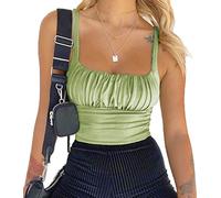 Women Crop Tank Top Sexy Square V Neck Double Lined Ruched Corset Like Cropped Sleeveless Cami Summer Outfit Going Out Top, A-army Green011, XS