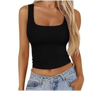 Women Crop Tank Tops Ribbed Slim Fit Square Neck Vest Tops Sleeveless Tops Basic Solid Wide Strap Camis Tops Plain Tee Shirts Bodycon Camisole Ladies Casual Spring Summer Tops UK Sale Clearance
