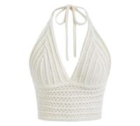 Women Crop Top Deep V Halter Neck Crochet Backless Self Tie Sleeveless Slim Fit Knit Camisole Lightweight Beach Vacation Street Going Out Vest Tops S-L