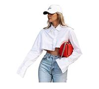 Women Cropped Button Down Shirts Loose Long Sleeve Turn Down Collar Aesthetic Blouse Tee Tops (A White Irregular Hem, L)