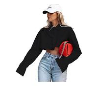 Women Cropped Button Down Shirts Loose Long Sleeve Turn Down Collar Aesthetic Blouse Tee Tops (Black Irregular Hem, S)