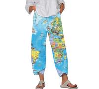 Women Cropped Capri Trousers UK Sale Ladies World Map Printed 3/4 Length Pants High Waisted Trouser Elastic Waist Pant Wide Legs Shorts with Pockets Tights Summer Comfortable Leggings Loose Fit Pants