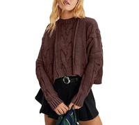 Women Cropped Crew Neck Long Sleeve Cable Knit Sweater-Casual Soft Comfy Cozy Chunky Solid Color Crewneck Pullover Knit Fall Winter Tops (Dark Brown,S)