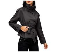 Women Cropped Trench Coat, Ladies Double Breasted High Neck Belted Waist Slim Fit Short Windbreaker Shoulder Strap Long Sleeve Casual Outerwear Spring Autumn