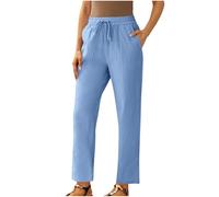 Women Cropped Trousers Petite Short Leg Linen Pants Elastic High Waist Trousers Solid Ladies Summer Straight Leg Bottoms Cotton Linen Lounge Pants with Pockets and Drawstring