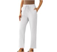 Women Cropped Trousers Petite Short Leg Linen Pants Elastic High Waist Trousers Solid Ladies Summer Straight Leg Bottoms Cotton Linen Lounge Pants with Pockets and Drawstring