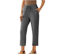 Women Cropped Trousers Petite Short Leg Linen Pants Elastic High Waist Trousers Solid Ladies Summer Straight Leg Bottoms Cotton Linen Lounge Pants with Pockets and Drawstring