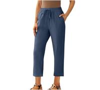 Women Cropped Trousers Petite Short Leg Linen Pants Elastic High Waist Trousers Solid Ladies Summer Straight Leg Bottoms Cotton Linen Lounge Pants with Pockets and Drawstring