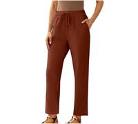 Women Cropped Trousers Petite Short Leg Linen Pants Elastic High Waist Trousers Solid Ladies Summer Straight Leg Bottoms Cotton Linen Lounge Pants with Pockets and Drawstring