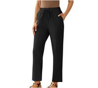 Women Cropped Trousers Petite Short Leg Linen Pants Elastic High Waist Trousers Solid Ladies Summer Straight Leg Bottoms Cotton Linen Lounge Pants with Pockets and Drawstring