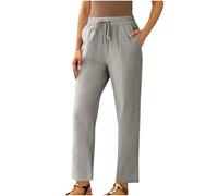 Women Cropped Trousers Petite Short Leg Linen Pants Elastic High Waist Trousers Solid Ladies Summer Straight Leg Bottoms Cotton Linen Lounge Pants with Pockets and Drawstring