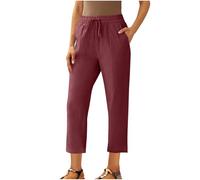 Women Cropped Trousers Petite Short Leg Linen Pants Elastic High Waist Trousers Solid Ladies Summer Straight Leg Bottoms Cotton Linen Lounge Pants with Pockets and Drawstring