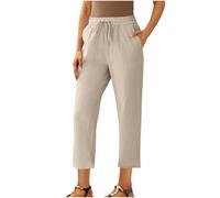 Women Cropped Trousers Petite Short Leg Linen Pants Elastic High Waist Trousers Solid Ladies Summer Straight Leg Bottoms Cotton Linen Lounge Pants with Pockets and Drawstring