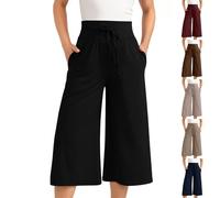 Women Cropped Trousers UK Sale Clearance, Ladies Capri Pants Wide Leg Culottes Pants Drawstring High Waist Capris 3/4 Length Stretch Pull On Trouser Joggers Sweatpants Palazzo Trousers with Pockets