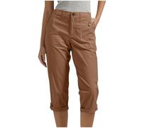 Women Cropped Work Trousers Ladies Cargo 3/4 Trousers Summer Loose Hiking Travel Straight Bermuda Shorts with Pockets Casual Smart Drawstring Elastic Capris Capri Pants UK Sale Clearance Brown