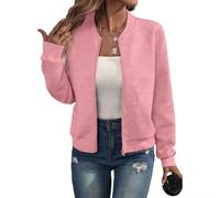 Women Cropped Zip-Up Jacket With Stand Collar For Casual Outfits Spring And Autumn Lightweight Solid Outerwear(2XL Pink)